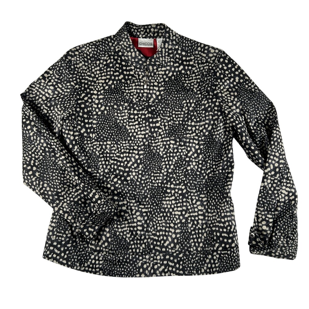 Chico's Jacket Womens 0 Black Animal Print Owl Lined Satin Full Zip Short